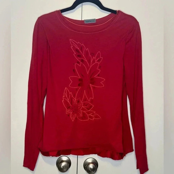 Velvet by Graham & Spencer Red Long Sleeve Top with Floral Cutouts Lined Size L - Picture 1 of 7